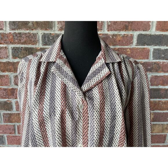 Vintage Symmetry polyester button down shirt - stripes - neutral - size L - 70s - Picture 2 of 9